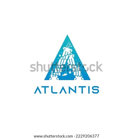 Lost ancient city of Atlantis with broken column underwater concept logo illustration