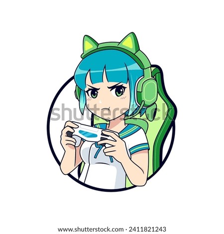 Pout face anime gamer girl esport gaming vector logo mascot