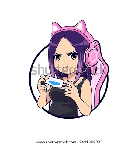 Upset anime gamer girl esport gaming vector logo mascot