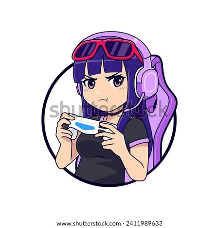 Annoyed anime gamer girl face vector logo mascot