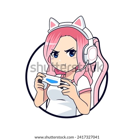 Pout face anime gamer girl esport gaming vector logo mascot