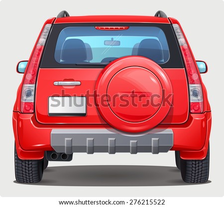 Vector red Car with Spare Tire on Trunk - Back view - Visible interior version