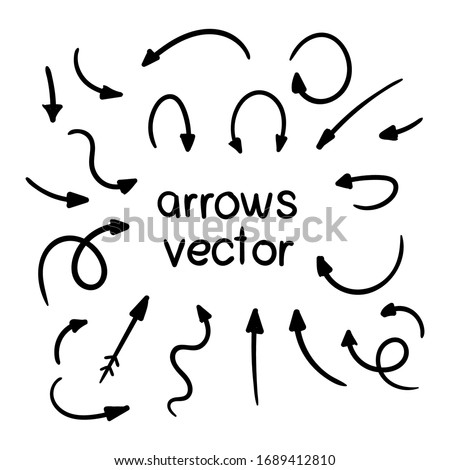 Vector set of doodle arrows on white background. Handmade by brush and pencil. Grunge design elements. Hand drawn