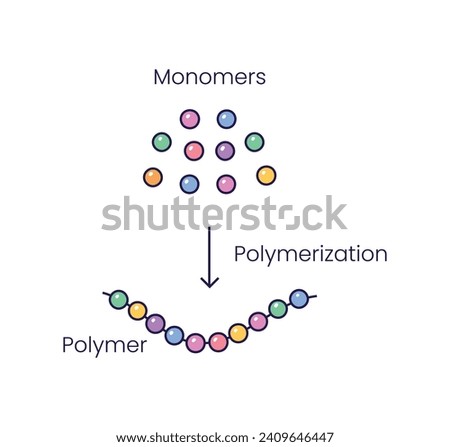 Vector illustration of polymerization reaction. Conversion of monomers into polymers. Scientific symbols