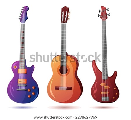 Set of vector guitars. Acoustic guitar, bass guitar, electric guitar. Vector illustration. Cartoon style.