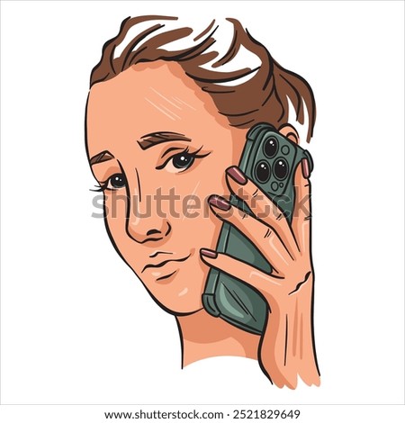 Girl talking on the phone. Portrait. Vector illustration on a white background in line style.