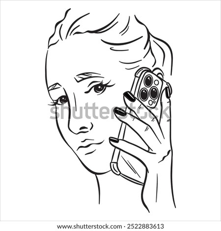 Girl talking on the phone. Portrait. Vector illustration on a white background in line style.