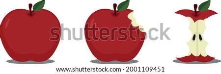 vector set with three red apples - whole apple, bitten apple and eaten apple