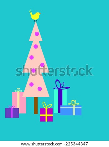 Five gifts under a pink christmas tree with a yellow bird on top. Turquoise background.