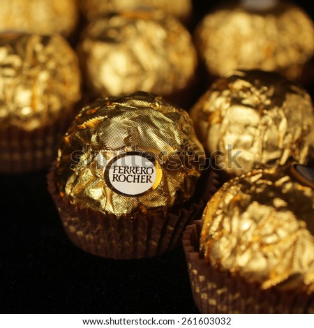 MONTREAL, CANADA - FEBRUARY 05, 2015: Ferrero Rocher is a chocolate sweet made by Italian Ferrero Spa. Rocher comes from French and means \