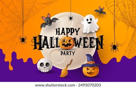 Happy Halloween day poster or banner vector template. Halloween big moon, pumpkin ghost, wizard hat, cute ghost, cartoon skull, spider web and realistic 3d design plastic style halloween elements.