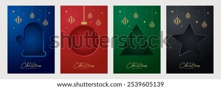 Christmas greeting cards concept. Stylish Merry Christmas and New Year modern abstract icons. Christmas tree, ball and mittens luxury design template. Vector illustration set.