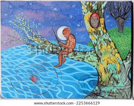A photograph of a painting produced by, painted by Zofia Wiktoria Patoka,  artistic pseudonim Victoria Tucholka. A valentine love theme. A lonely angler fishing using a heart bait. Zdjęcia stock © 