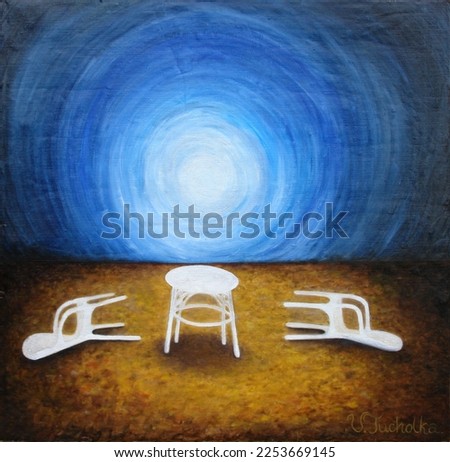 A photo of a painting produced by, painted by Zofia Wiktoria Patoka.War illustration. War or conflict theme. Overturned chairs lying on the ground as if people left the table in anger or conflict Zdjęcia stock © 