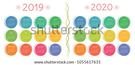 2019, 2020 calendar set. Colorful kid's sketch doodle style. Color round hand drawn frames   商業照片 © 