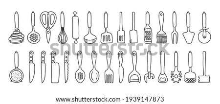 Kitchenware sketch set. Doodle black line vector kitchen utensils, tools and cutlery. Whisk, slotted spoon, scissors, ladle and spatula. Sieve, knife, spoon, fork, peeler and opener Stock foto © 