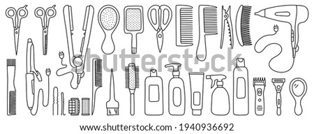 Hairdressing equipment line sketch. Hair dresser tools. Hand drawn doodle icons set. Vector illustration. Barber symbols collection. Hairdryer, scissors, comb, mirror, straightener and curler