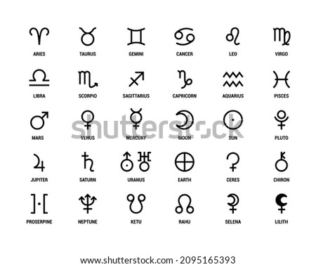 Planet symbol and zodiac sign. Aquarius, libra and leo. Mars, venus, and mercury. Horoscope