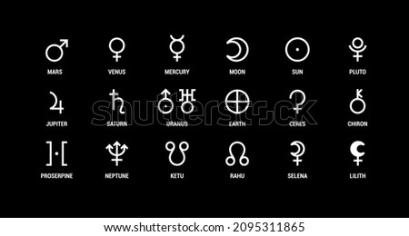 Planet symbol. Vector white sign on black. Mars, venus, mercury and moon. Sun, pluto, jupiter and saturn. Uranus, earth, ceres and chiron. Proserpine, neptune, ketu and rahu. Selena and lilith