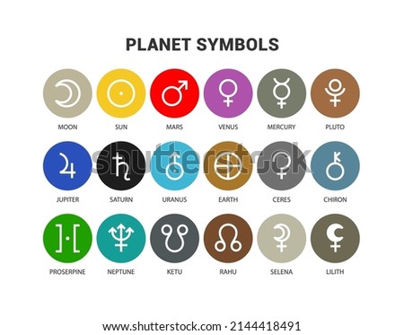 Planet symbols. Mars, venus, mercury and moon. Sun, pluto, jupiter and saturn. Uranus, earth, ceres and chiron. Proserpine, neptune, ketu and rahu. Selena and lilith
