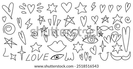 Doodle sketch set. Heart, star, lightning, battery, eye and nose. Lip, mustache, spiral and candy. Vector illustration bundle. Black and white outline drawing