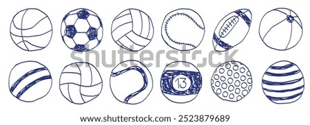 Sport ball sketch set. Blue hand drawn vector freehand primitive illustration. Football, basketball, volleyball, baseball, rugby, billiards, tennis, golf, children's, beach, fitness equipment