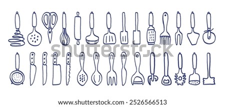 Kitchenware sketch set.Vector kitchen utensils, tools and cutlery. Whisk, slotted spoon, scissors, rolling pin, ladle and spatula. Sieve, knife, spoon, fork, peeler and opener. Hand drawn blue pen