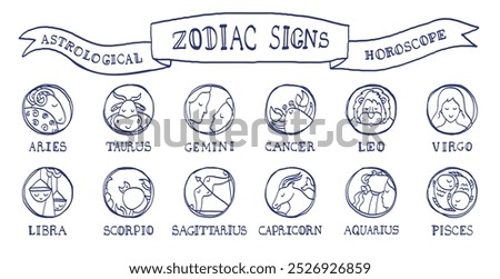 Astrological calendar collection. Zodiac signs: aquarius, libra, leo, taurus, cancer, pisces, virgo, capricorn, sagittarius, aries, gemini, scorpio. Hand drawn sketch. Blue marker drawing. Horoscope