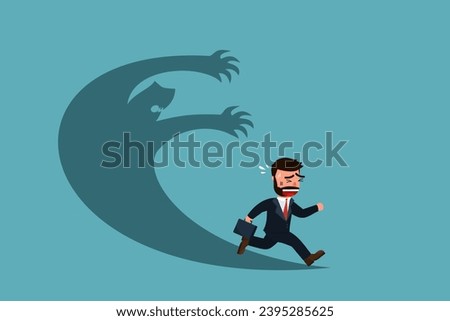 Businessman is afraid of his own shadow that looks like a demon. The concept of escaping the evil within one's own heart. Refusal to accept problems that arise within one's heart. Vector illustration