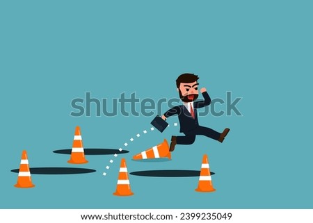 Smart businessman jump through many pitfalls to achieve business success. Obstacles and hardships. Courage to overcome mistakes or business failures. Problem-solving skills and creativity.
