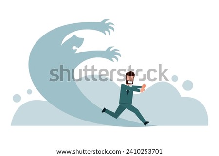 Businessman is afraid of his own shadow that looks like a demon. The concept of escaping the evil within one's own heart. Refusal to accept problems that arise within one's heart. Vector illustration