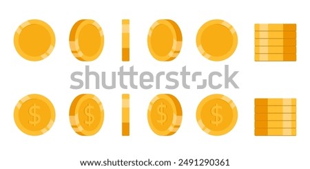 Set of rotating gold coins isolated on a white background. Set of icons of gold coins rotating in different angles for animation. Set of gold coins. Dollars. Flat vector illustration.