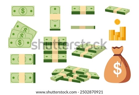 Money cash pile stack icon isolated on white background. Bundle with cash bills. Stack of gold coins. Save money in bank. Deposit. Wealth. Collection and inheritance. Flat vector illustration.