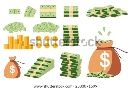 Money cash pile stack icon isolated on white background. Bundle with cash bills. Stack of gold coins. Save money in bank. Deposit. Wealth. Collection and inheritance. Flat vector illustration.