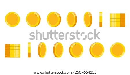 Set of rotating gold coins isolated on a white background. Set of icons of gold coins rotating in different angles for animation. Set of gold coins. Flat vector illustration.