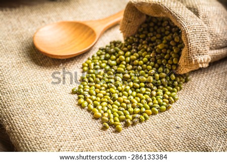 green beans in sack bags with sack cloth and spoon on old wooden background