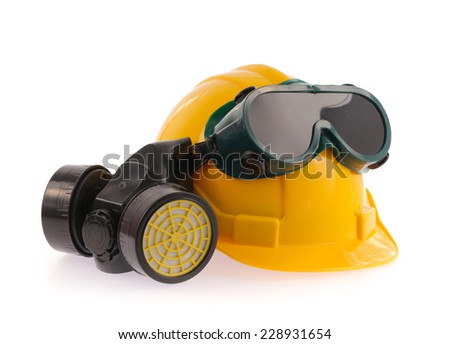 Collection of Helmet, Chemical protective mask and eye protection or goggles on white background
