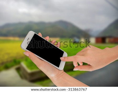 Businessman using smart phone, nature background.