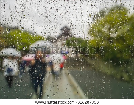 Rain on a window looking out to people in a street scene