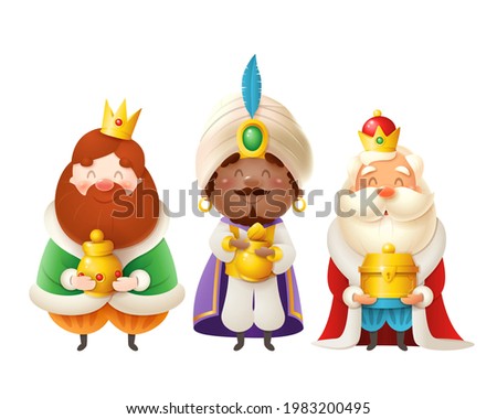 Cute Three Wise men with gifts celebrate Epiphany - Three kings Gaspar, Melchior and Balthazar vector illustration isolated on white