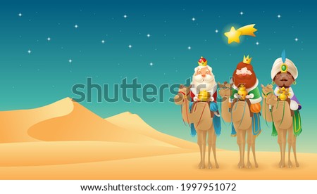 Three Wise Men or Three Kings or Mags bring gifts to the little born Jesus (after Christmas) - desert landscape - vector illustration
