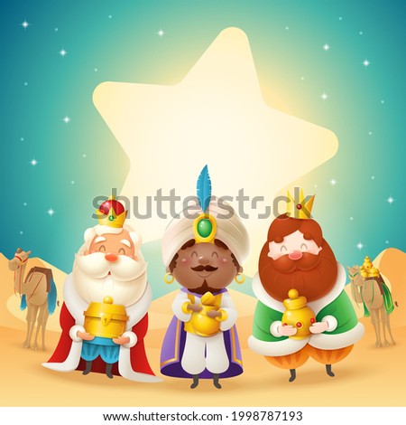 Three wise man with gifts and star shape lights - celebration Epiphany - desert night landscape. Translation: 