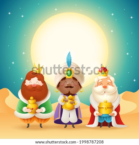 Three wise man with gifts - celebration Epiphany - desert night landscape. Translation: 
