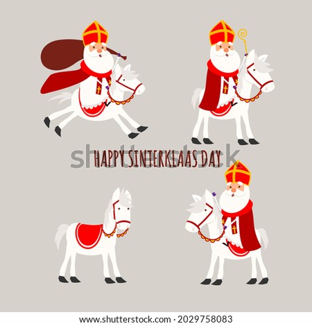 Saint Nicholas or Sinterklaas with horse collection - vector illustration