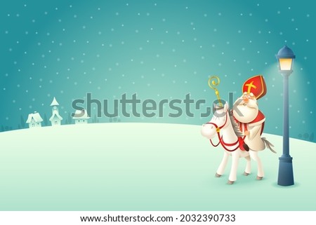Saint Nicholas - Sinterklaas with his horse is coming to town at winter night