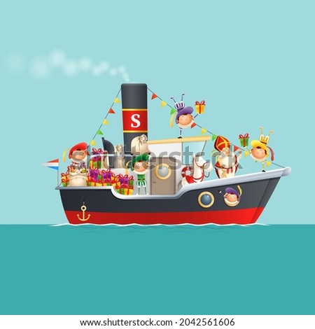 Sinterklaas is coming to town with kids on steamboat - celebration Sinterklaas day - vector illustration