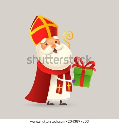 Cute Saint Nicholas or Sinterklaas bring presents to children - vector illustration