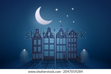 Celebration Dutch holidays - Saint Nicholas or Sinterklaas in front of city at night - blue paper graphic