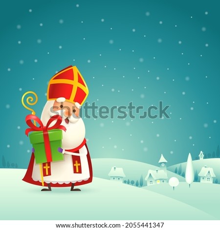 Cute Saint Nicholas - Sinterklaas with gift - winter night landscape