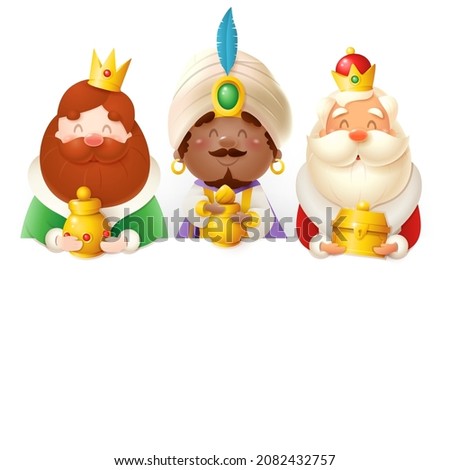 Three Kings or Wise men with gifts peeking on top of board - isolated on transparent background
